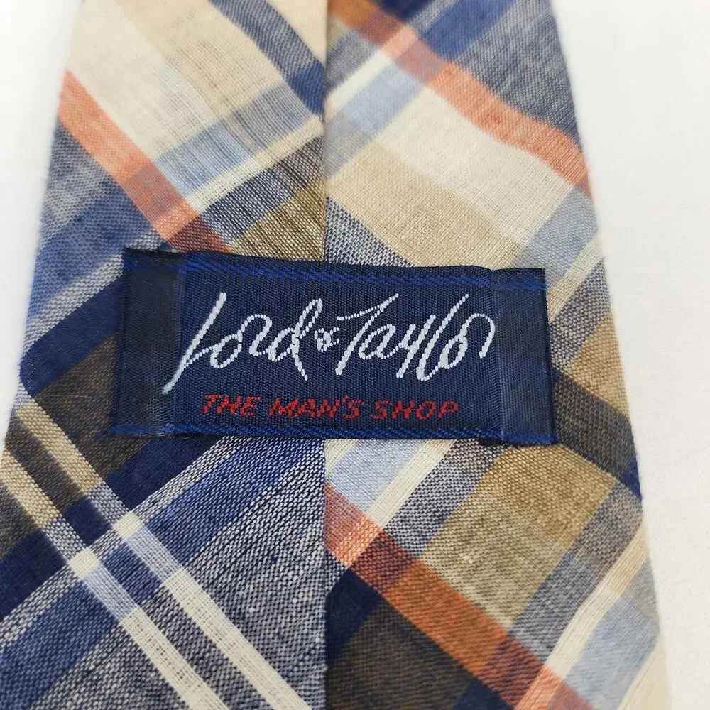 Lord & Taylor Casual Madras Tie Necktie Blue Orange Tan Plaid 100% Cotton 3